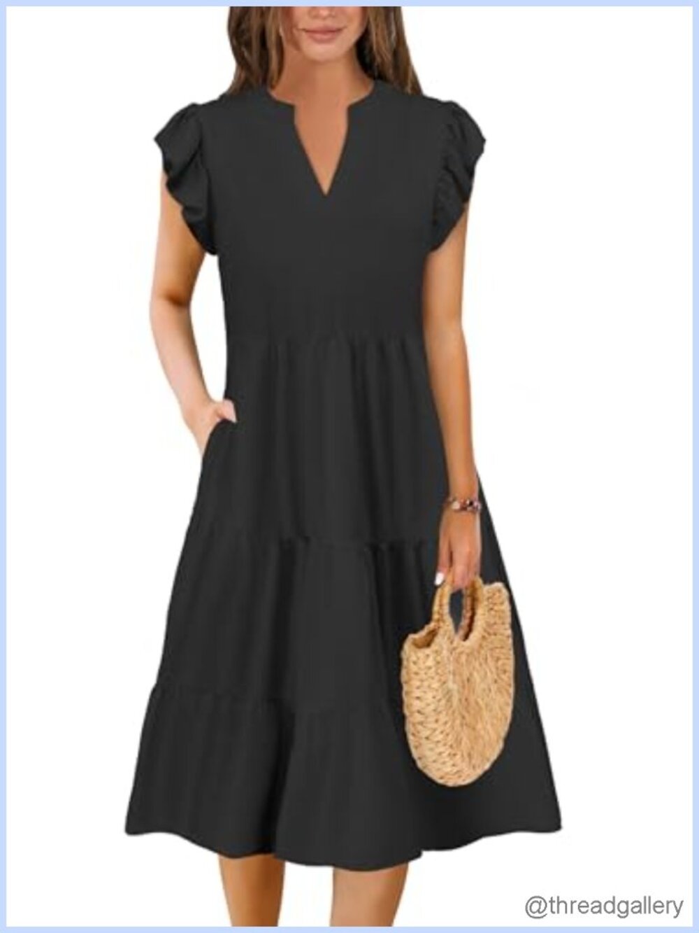 Women's Midi Dress Tiered A-Line Flutter Sleeve V-Neck Casual Summer
